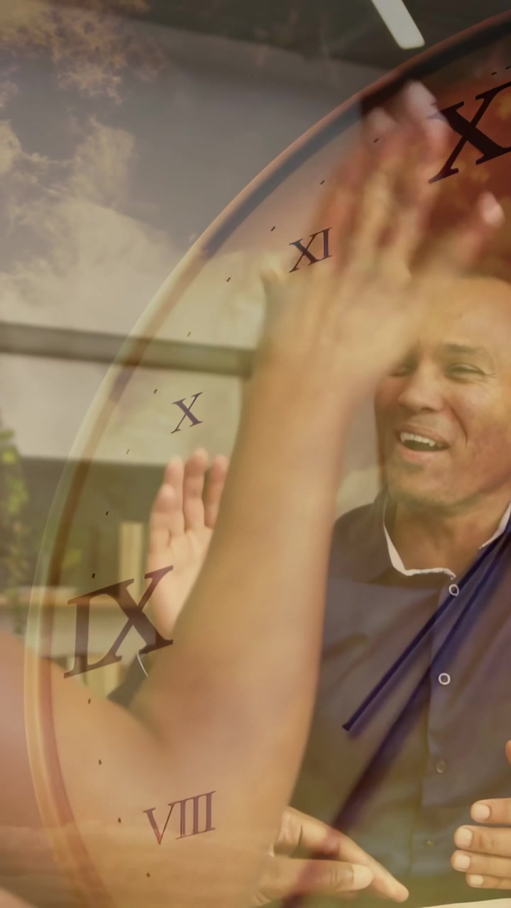 Man holding paper in business woman reaching and sparking high-five celebrating under clock overlay