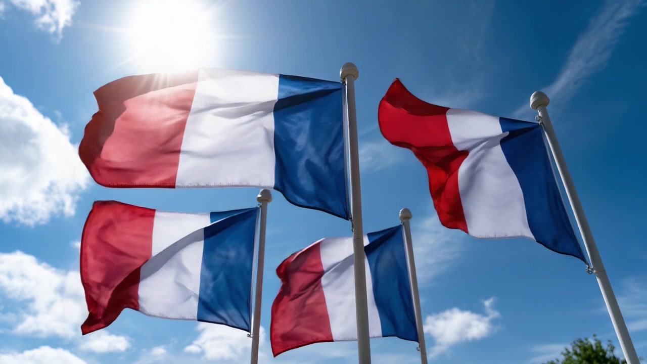Levende fremvisning af franske flag i bevægelse mod en delvist overskyet himmel, der fanger essensen af national stolthed og symbolik under skarpt sollys.