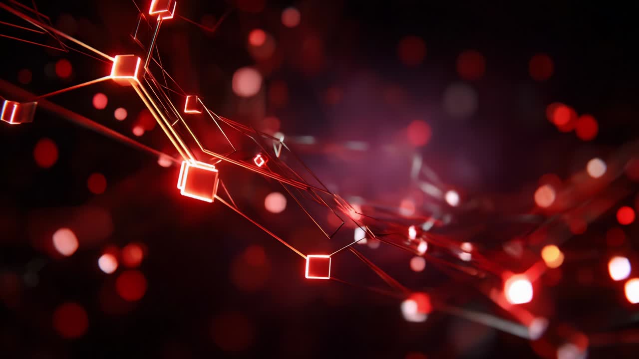 An Intricate Web of Light: A Captivating Visual Journey Through a Network of Glowing Red Geometric Shapes and Lines in Abstract Art, Symbolizing Connectivity, Technology, and Innovation