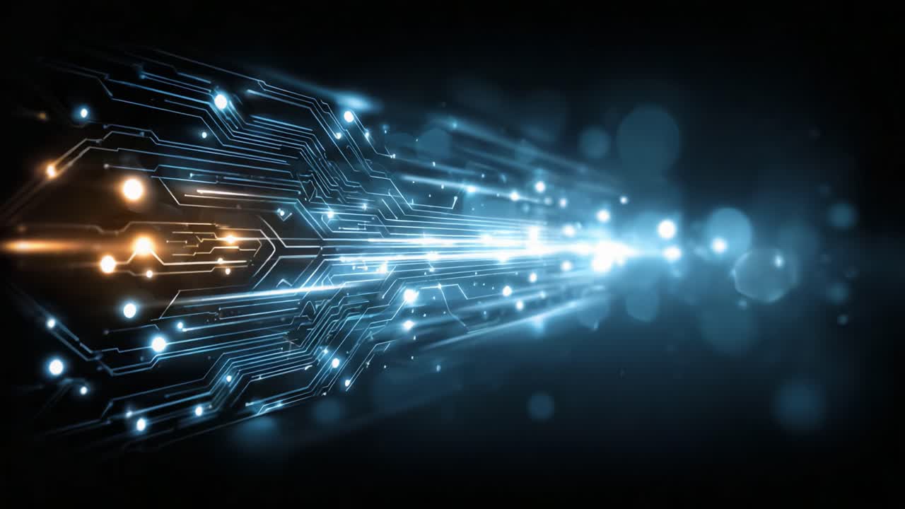A Spectacular Journey Through Digital Connectivity: High-Tech Circuit Patterns Featuring Brilliant Light Trails and Dynamic Energy Flow