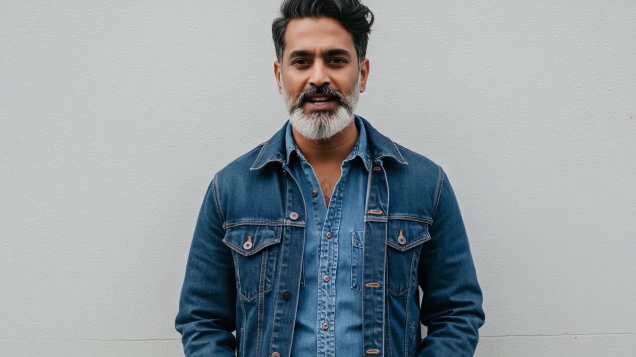 A Stylishly Dressed Man in Denim Jacket and Shirt Poses Against a Neutral Background, Showcasing Confidence and Modern Fashion Trends