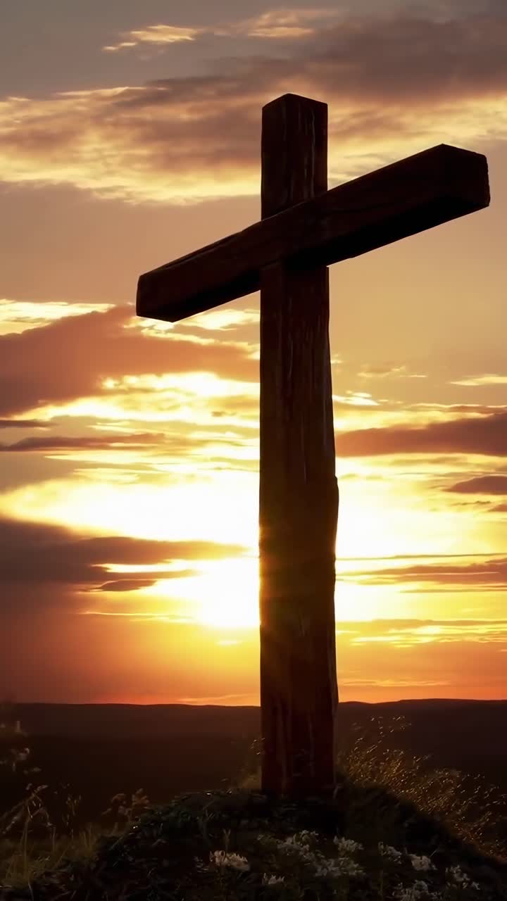 Silhouette di una croce al tramonto, scatto dal basso, perfetto per un tema video riflessivo