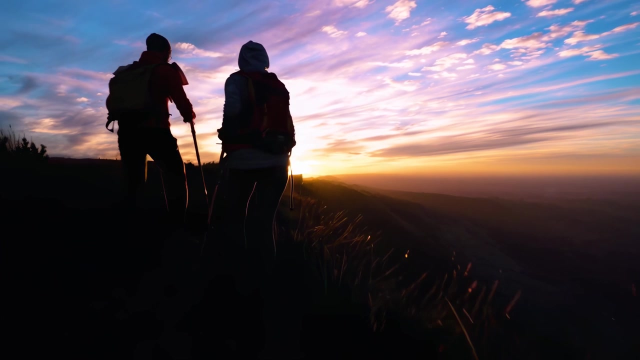 Due escursionisti che camminano lungo un crinale di montagna al tramonto