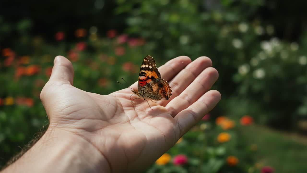 Una farfalla delicata posata su una mano tesa su uno sfondo floreale vibrante, catturando la bellezza della natura e la connessione tra esseri umani e fauna selvatica