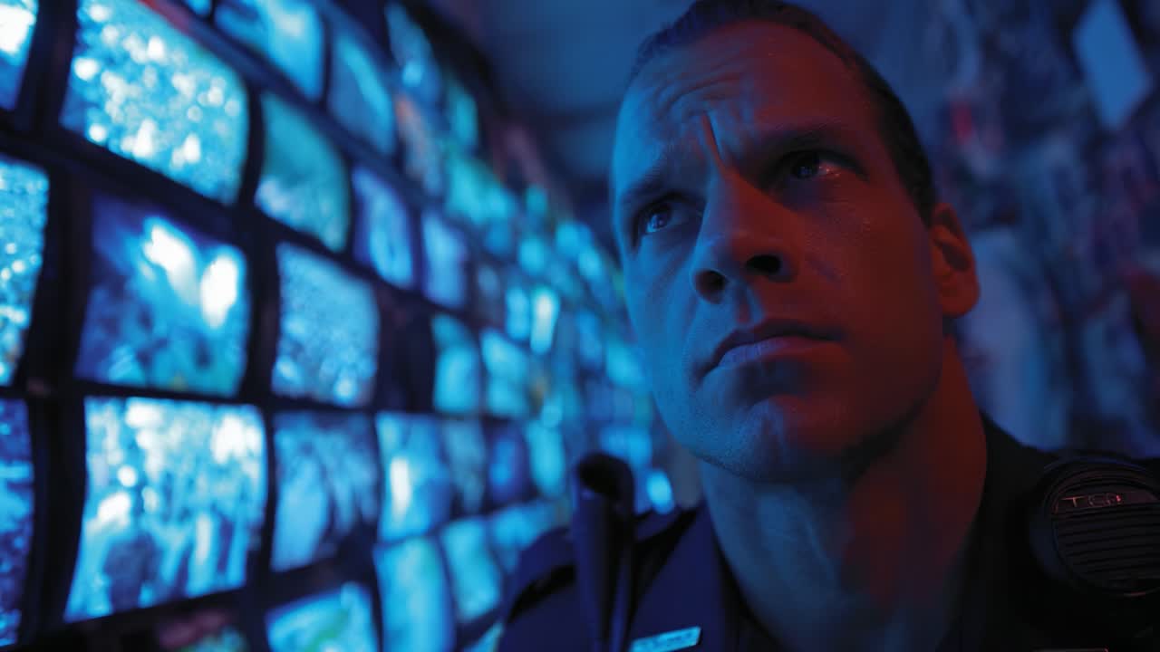 A vigilant officer observes countless surveillance monitors, reflecting a world of information and constant vigilance in a high-tech control room environment