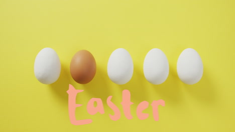 animation of easter over eggs on yellow background