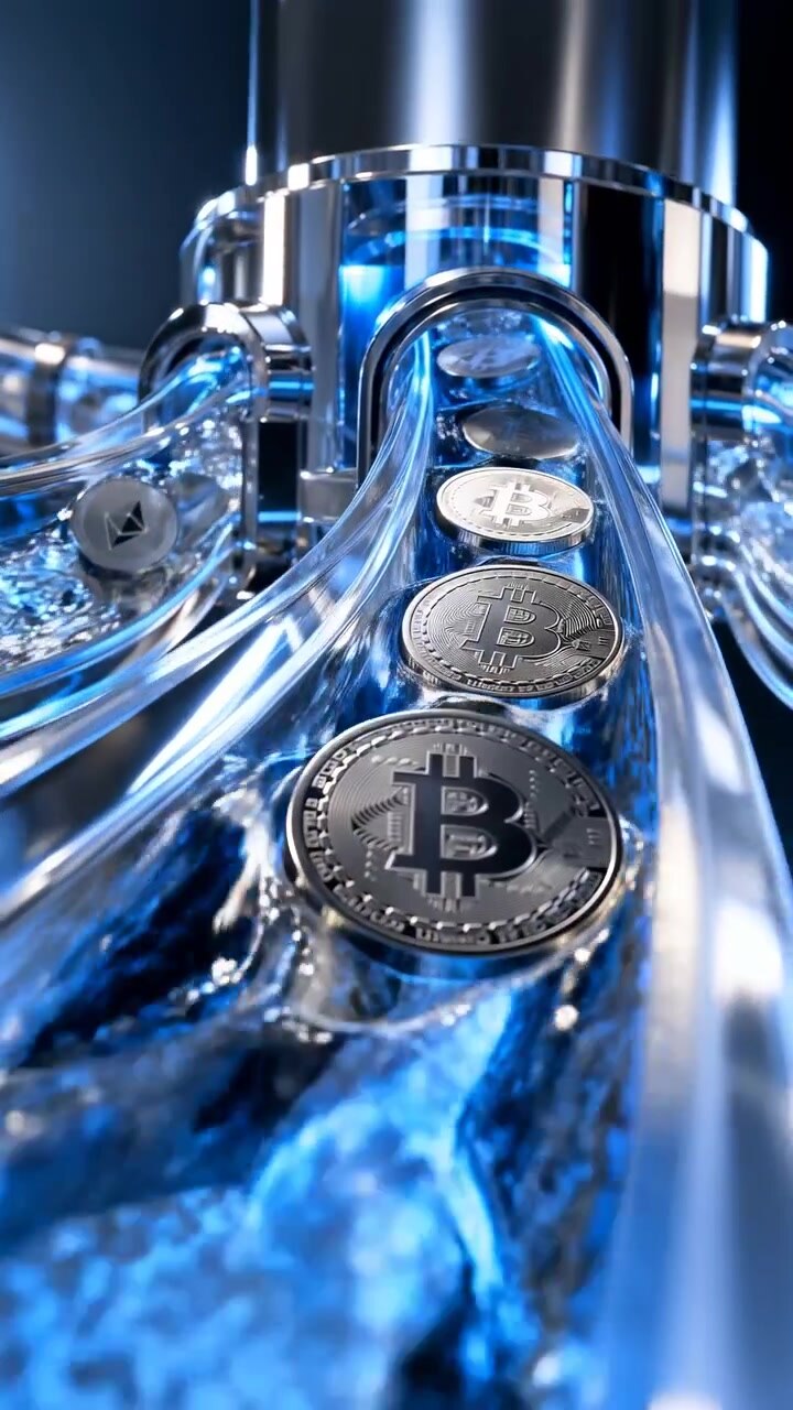 Gettoni di valuta digitale riflettenti avanzano lungo binari curvi trasparenti mentre un'illuminazione blu brilla sotto, con parti meccaniche cromate che incorniciano il percorso centrale e monete che si avvicinano al primo piano
