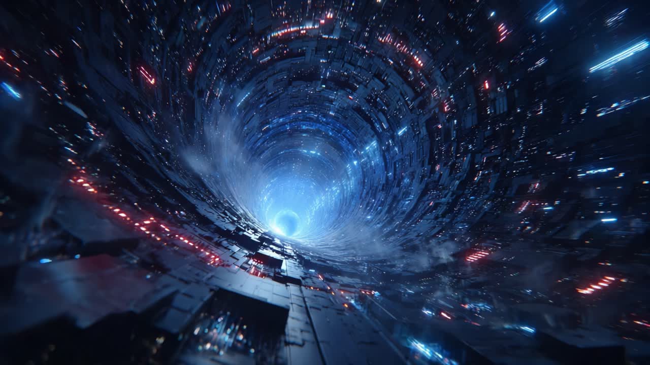 A mesmerizing journey through a futuristic vortex, showcasing a swirling portal filled with vibrant lights and intricate geometric structures that captivate the viewer's imagination