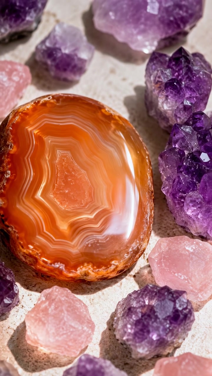 Vista em movimento quase macro de perto de uma fatia de ágata polida com faixas laranja sobre uma superfície bege texturizada, cercada por aglomerados de ametista roxa bruta e pedaços de quartzo rosa bruto, com suaves mudanças.