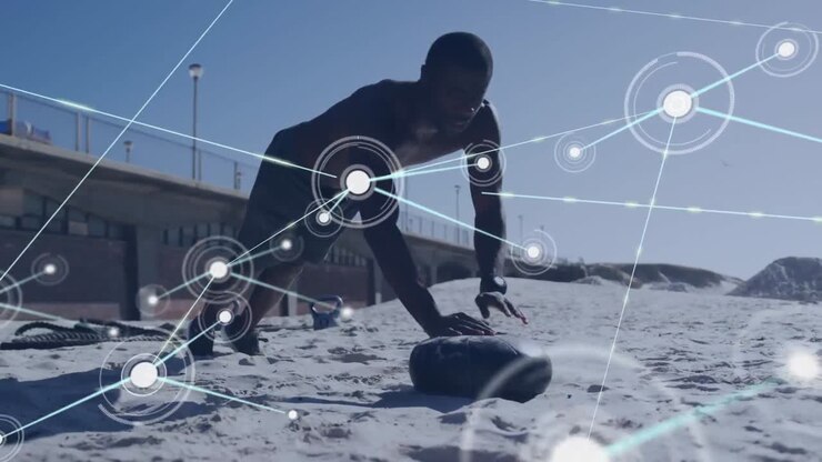 Animation of network of connections over an exercising african american man