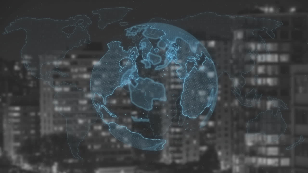 animación del globo girando sobre el paisaje urbano