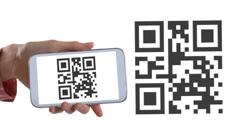 animation of woman scanning qr code with smartphone on white background