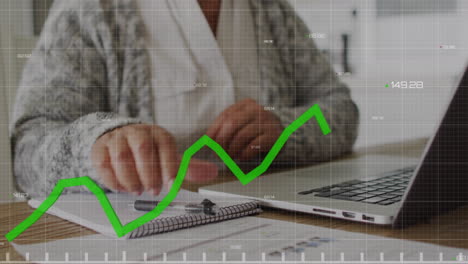 animación de la línea verde, estadísticas y procesamiento de datos financieros sobre mujeres mayores usando computadora portátil
