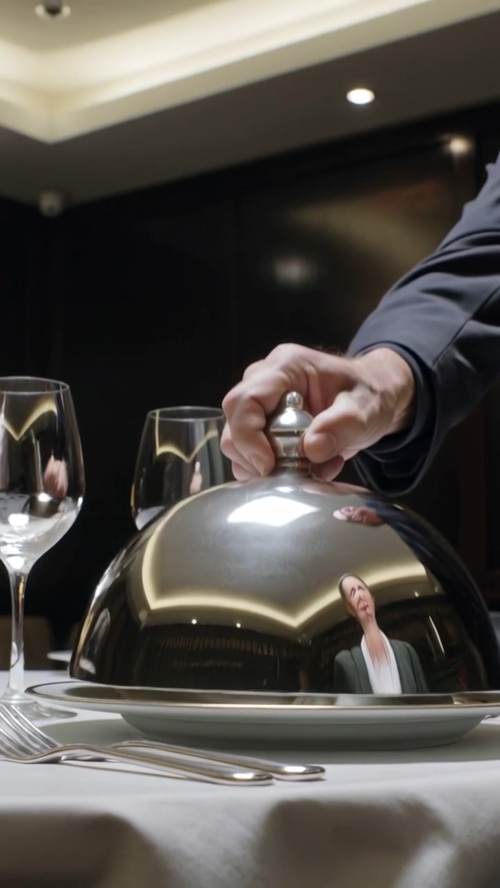 Vertical video: Lowering server in dark jacket placing metal cloche on plate at table, serving meal