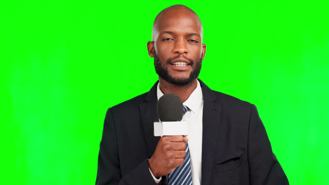Man, microphone and news presenter in green screen