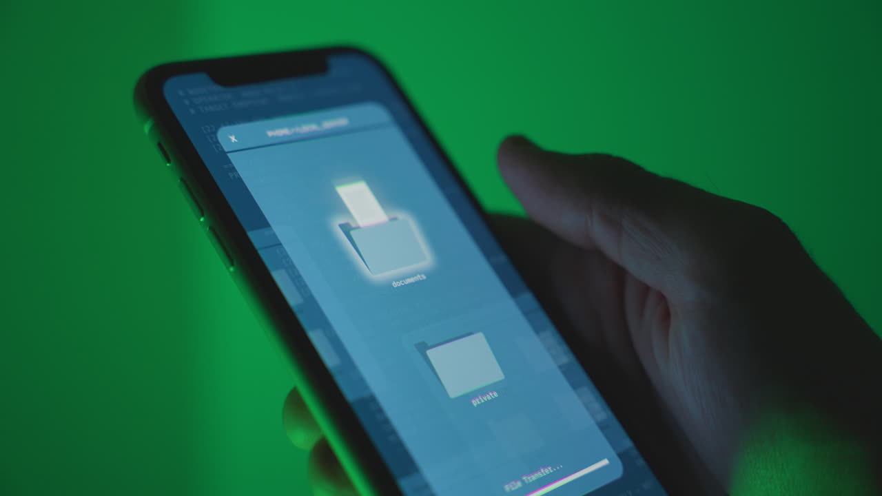 Download di file sul telefono con accesso remoto o violazione del sistema per rubare file e dati da un altro dispositivo. Controllo sul computer. Mano che tiene lo smartphone mentre copia dati privati sensibili.