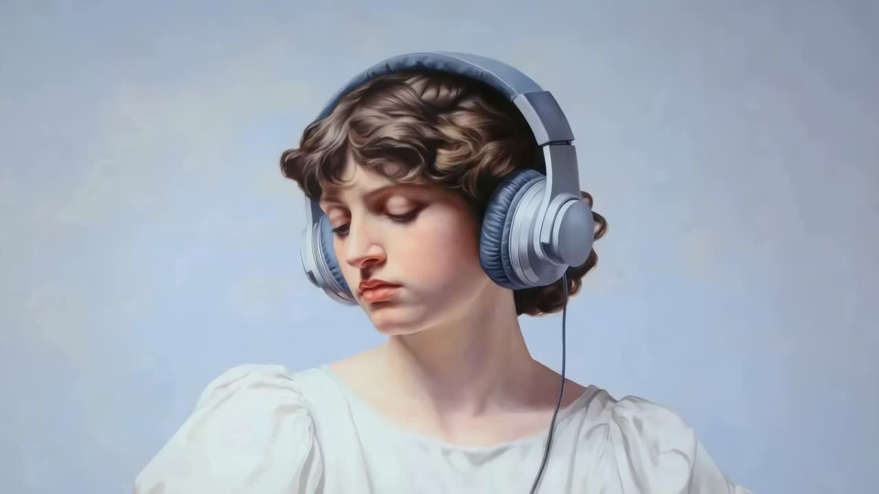 A serene video still of a woman with headphones, eyes closed, captured from a front angle