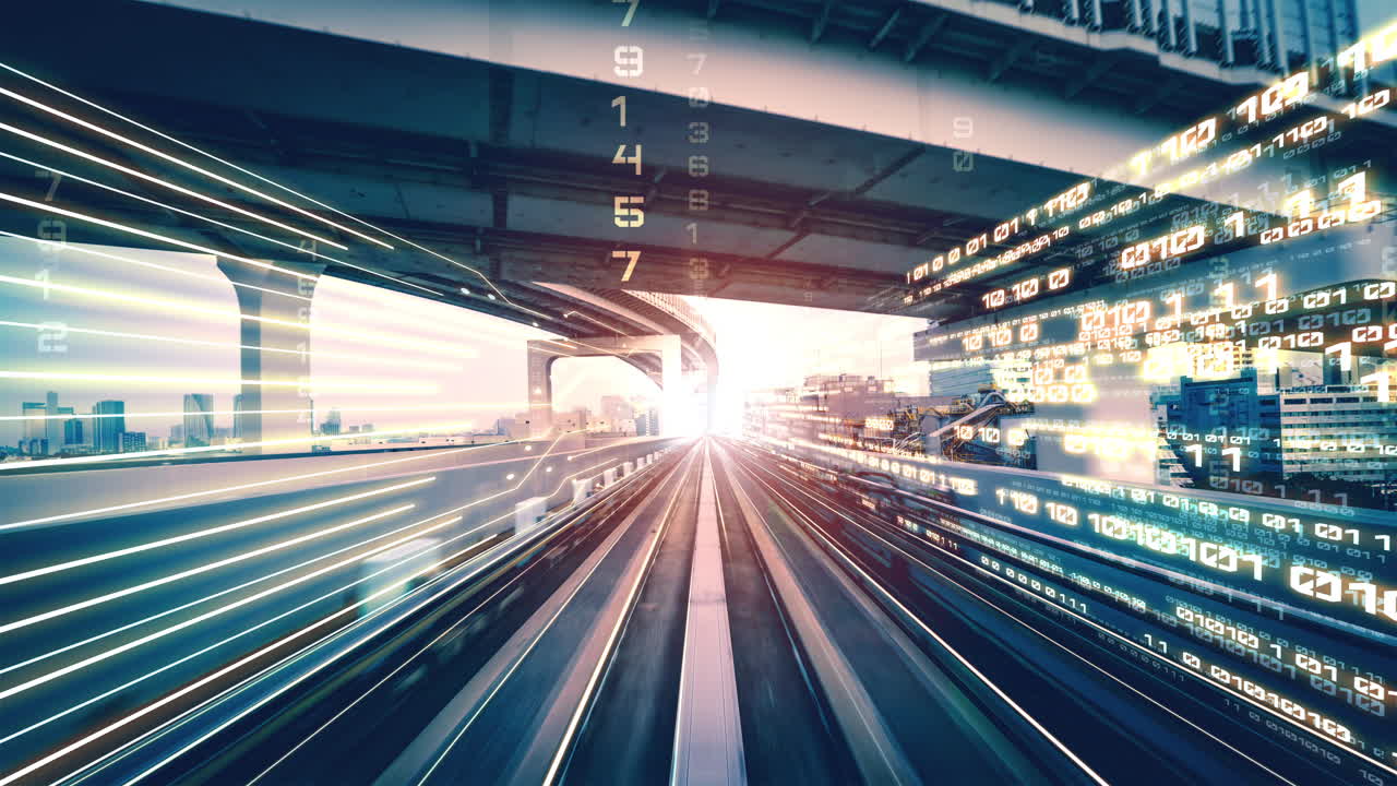 사이버 글로벌 커뮤니케이션과 코딩의 개념에서 도로에서 디지털 데이터 흐름