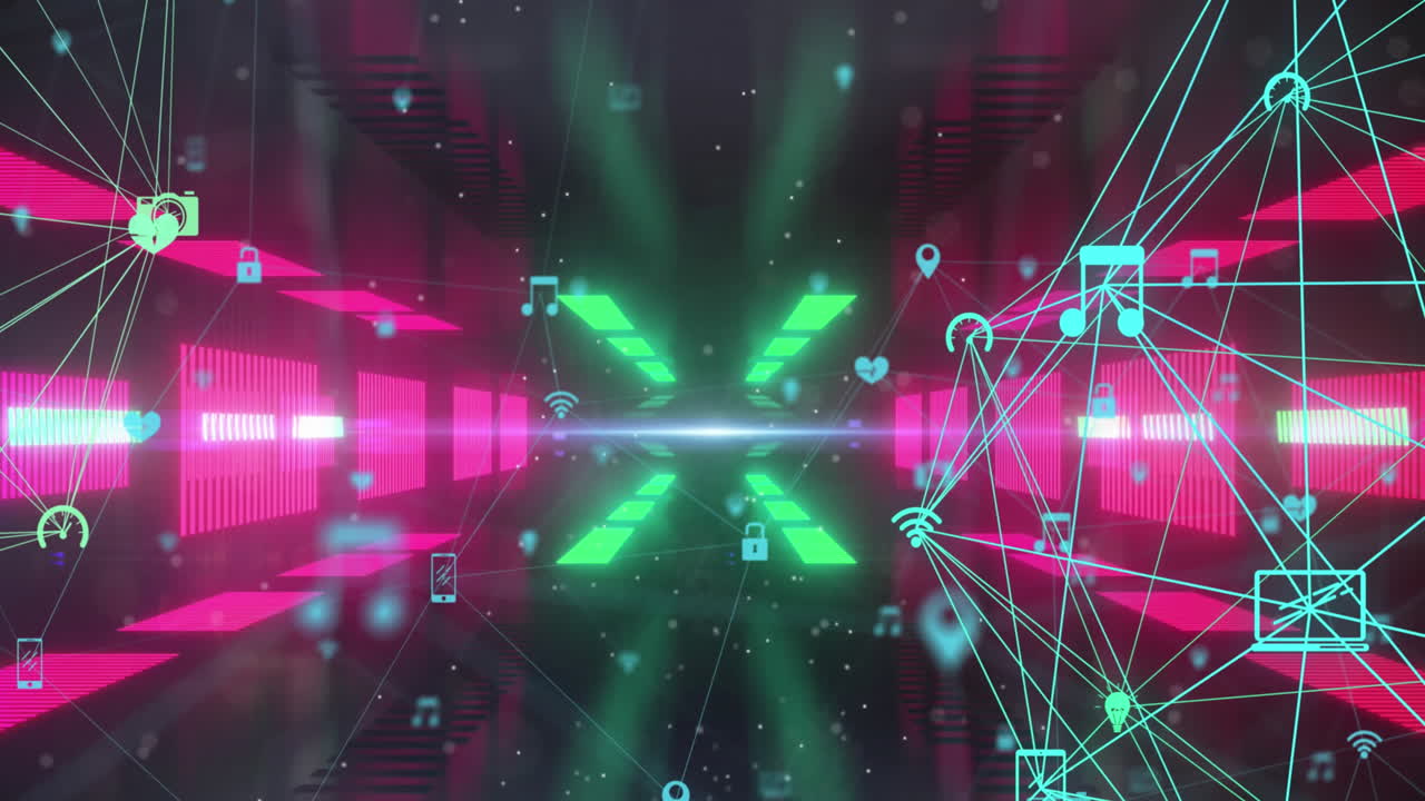 조명 된 추상적 인 배경 에 대해 지구 를 형성 하는 연결 된 아이콘 의 애니메이션