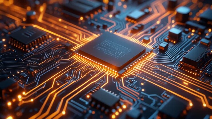 Nærbillede af en computerprocessor med orange glødende kredsløb