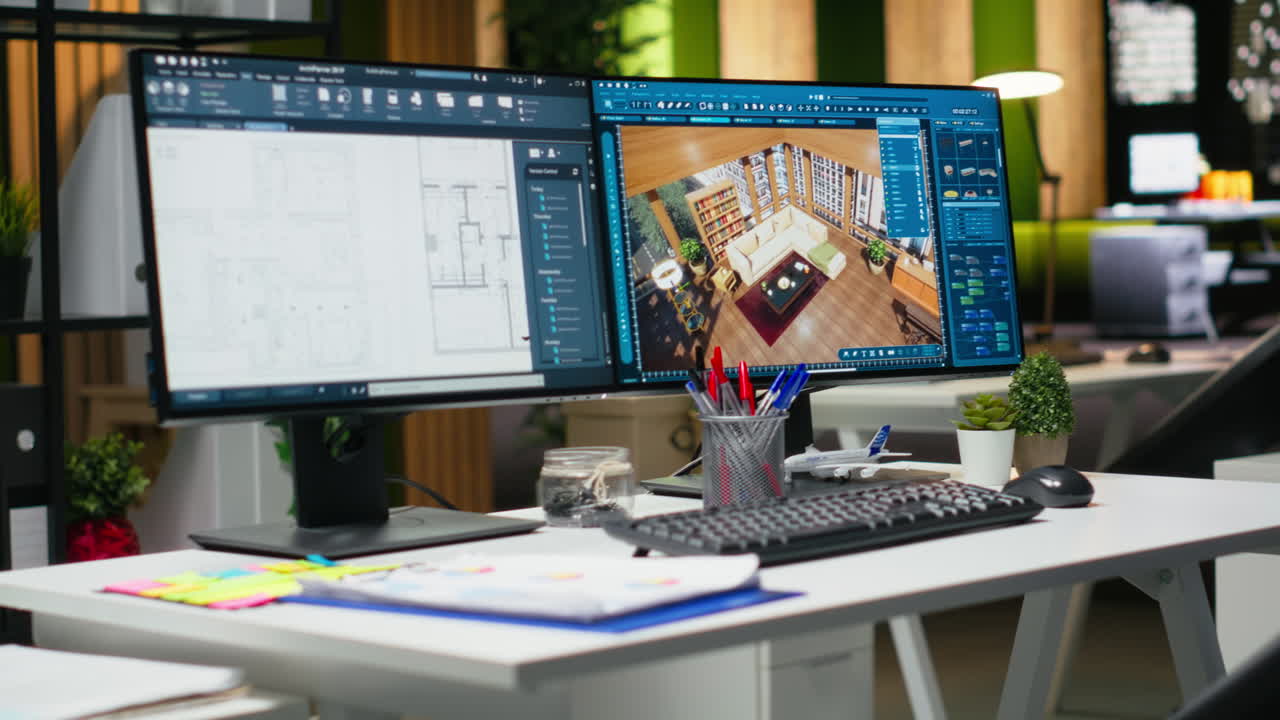 Innovative office featuring dual monitors running advanced 3D rendering
