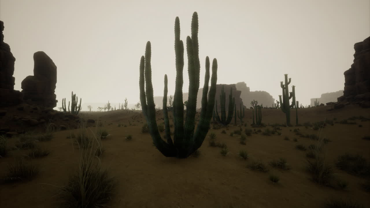 Expansive desert landscape featuring tall cacti against a hazy skyline