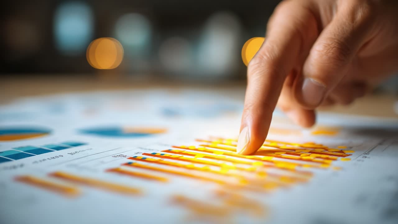 Analyzing Data Trends: A Close-Up of a Finger Interacting with Colorful Graphical Representations of Statistical Information on Paper