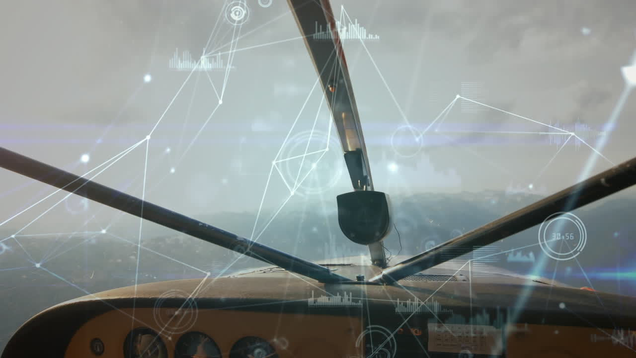 개인 항공기의 대시보드의 앞쪽 시야에 대한 연결 네트워크와 데이터 처리
