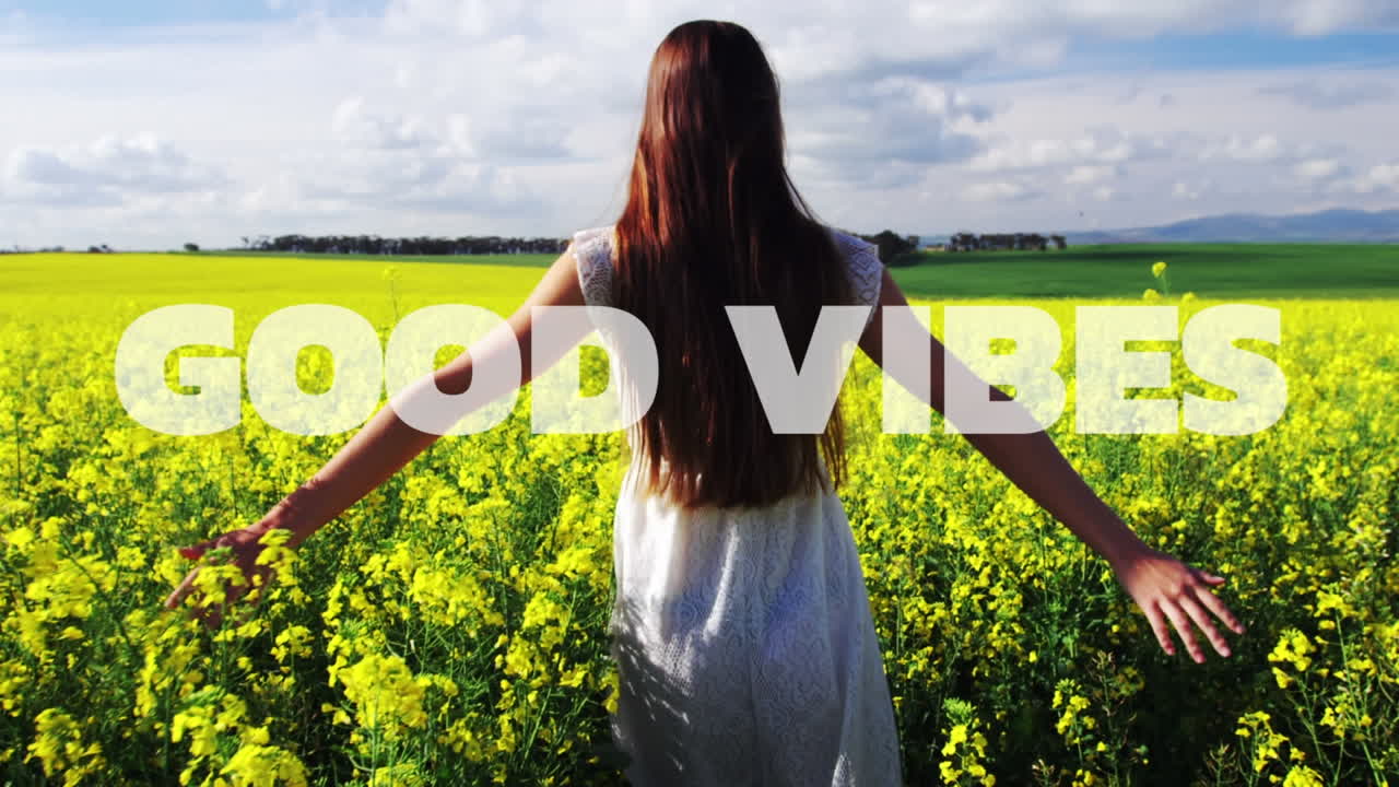 야외에서 행복한 여성에 대한 좋은 진동의 애니메이션 텍스트