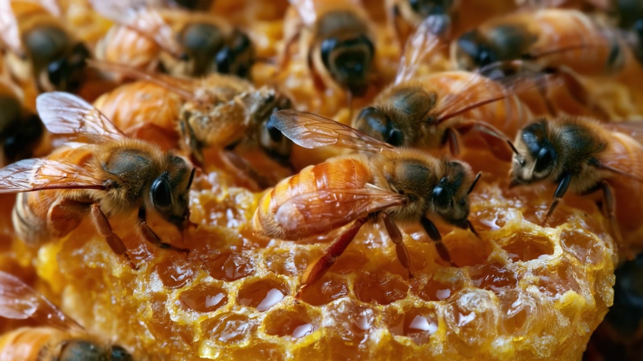 A Close-Up View of Honey Bees Collecting Nectar and Creating Honey, Capturing the Intricate Activity Within a Beehive's Honeycomb Structure