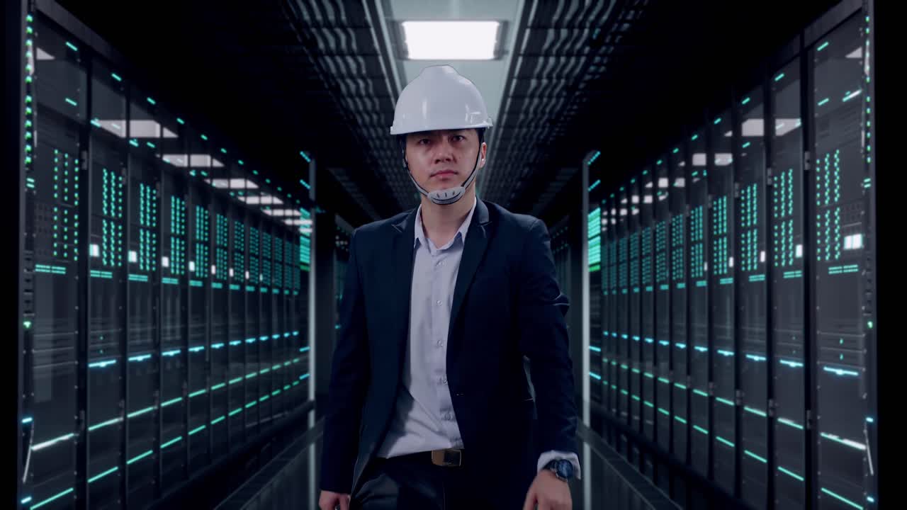 Front View of Asian Businessman Walking, Checking Time in Watch in Server Room Data Center