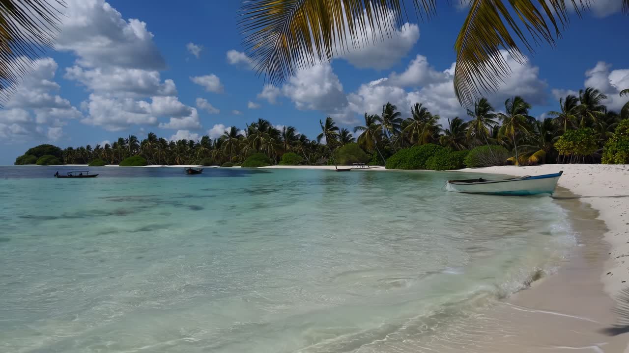 Una serena scena di spiaggia ripresa da un angolo basso, che mostra acque turchesi e palme