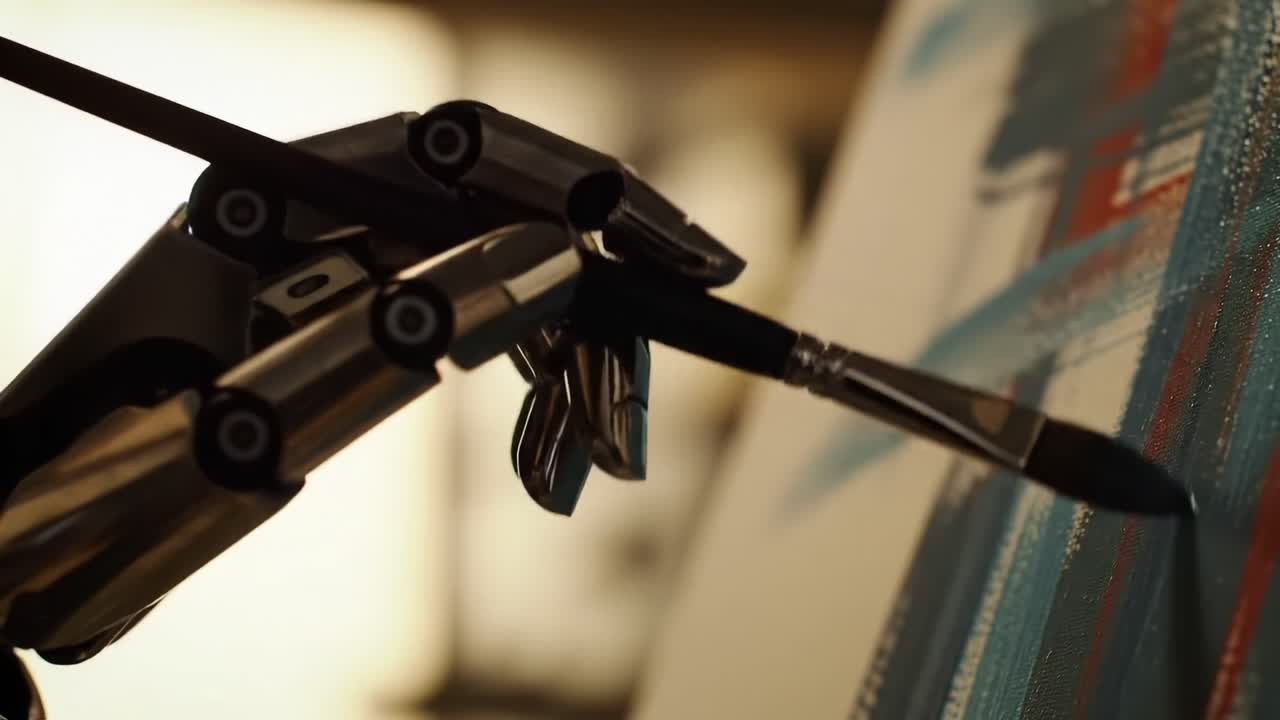 A Robotic Hand Delicately Holds a Paintbrush as It Creates a Vibrant Masterpiece on Canvas, Showcasing the Intersection of Technology and Artistry in Modern Creativity