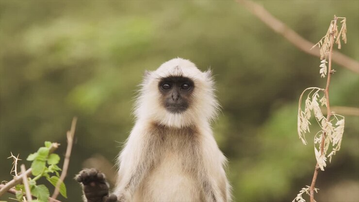 Young white monkey portrait with black face white hair lol king confused. India safari in jungle.