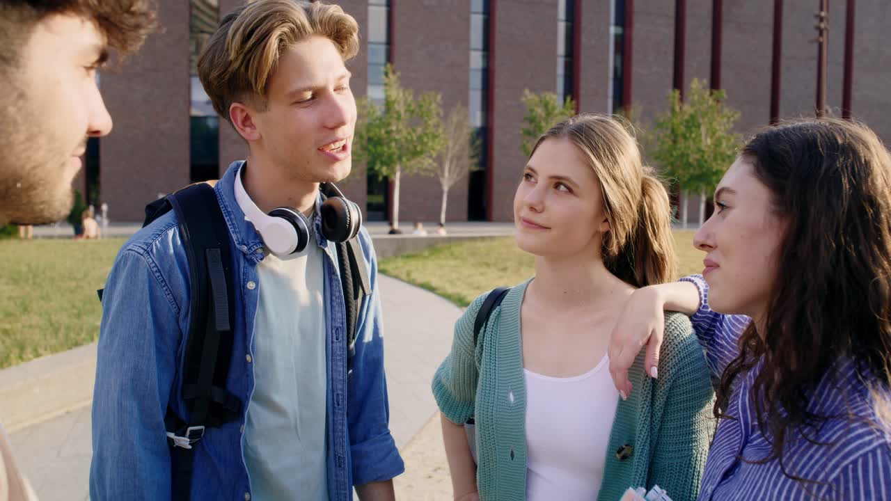 대학 캠퍼스 에 서서 대화 하는 백인 학생 들 의 그룹