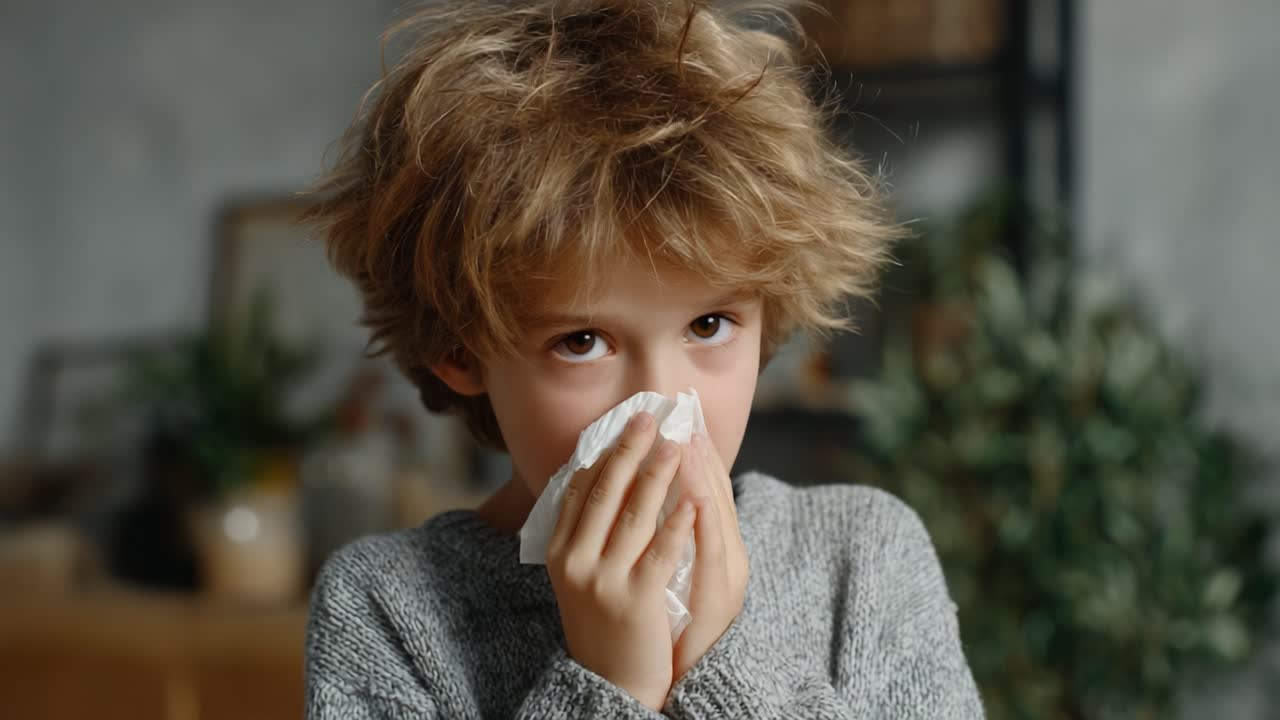 A Young Boy Reacts to Allergies: From Sneezing with Tissue to Composed Reflection in Cozy Indoor Setting