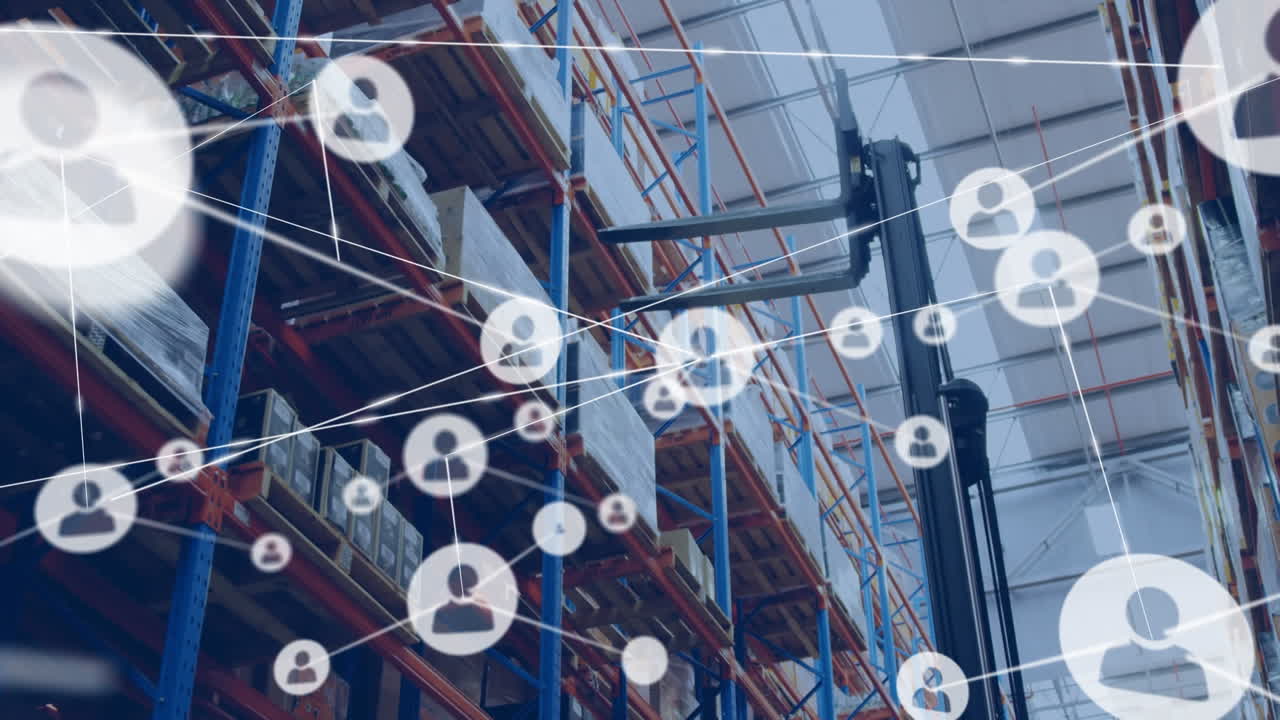 Animazione di rete di connessioni con icone su magazzino sullo sfondo