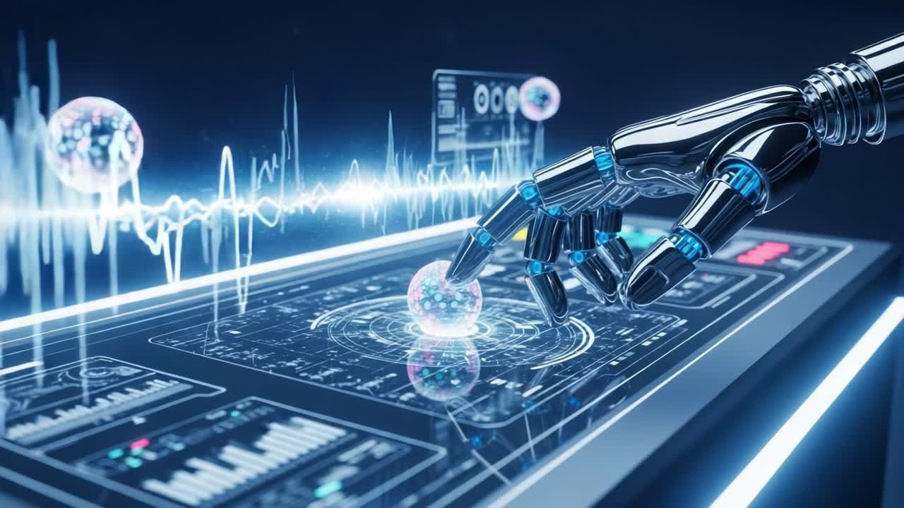 Advanced Robotic Interface Engages with Holographic Data Visualization in Futuristic Technology Setting