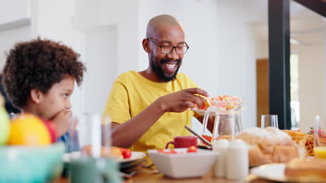 Father,-child-or-lunch-with-fruit-at-table