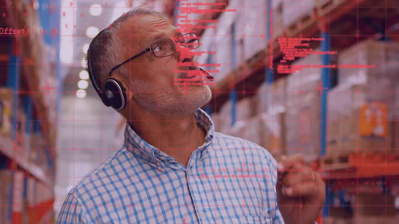 animación del procesamiento de datos sobre el hombre que trabaja en el almacén