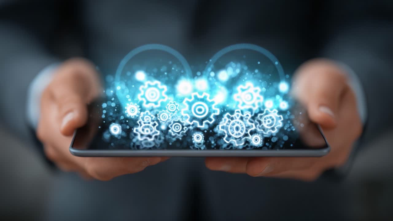 Exploring Advanced Technology: A Professional Holding a Tablet Displaying Digital Gears and Interactive Elements Representing Innovation and Automation