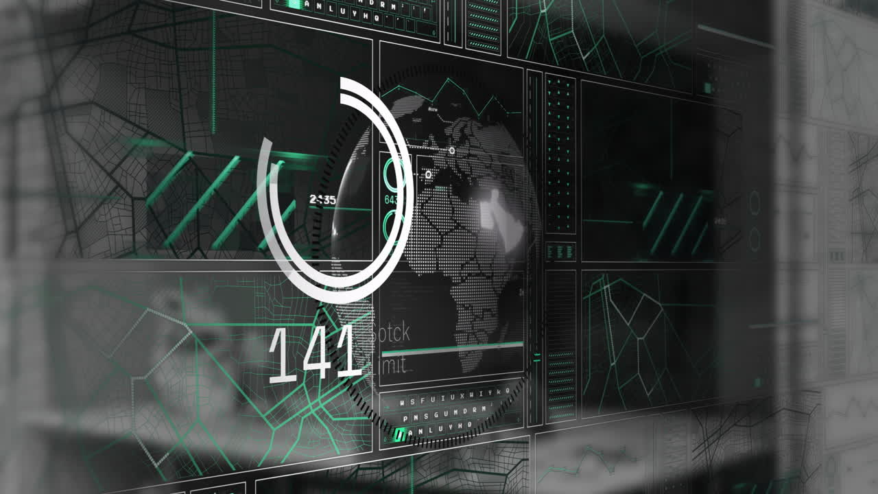 Animated dashboard being visualized with neon panels, rotating HUD meter and moving data streams