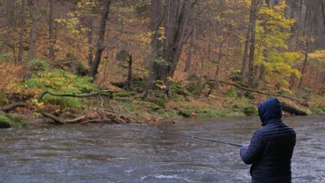 a fisherman holding a rod for catching predatory fish and turning the handle of the reel that is a fisherman holding a rod for catching predatory fish and turning the handle of the reel that is wound on the fishing line a man catches fish in a mountain river