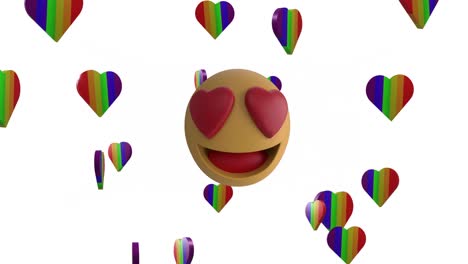 Animation-of-emoji-icon-and-rainbow-hearts-moving-on-white-background