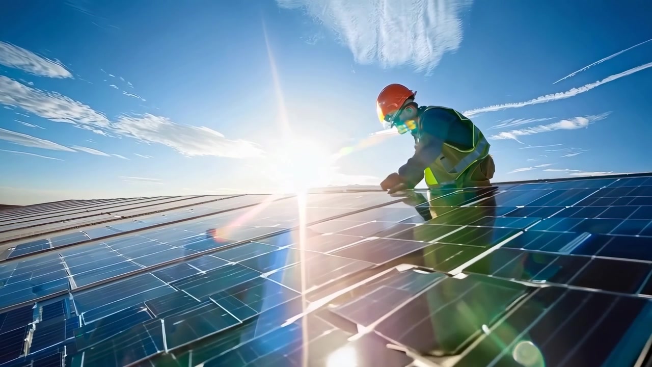 Ingegnere al lavoro su pannelli solari sotto un sole splendente e un cielo azzurro