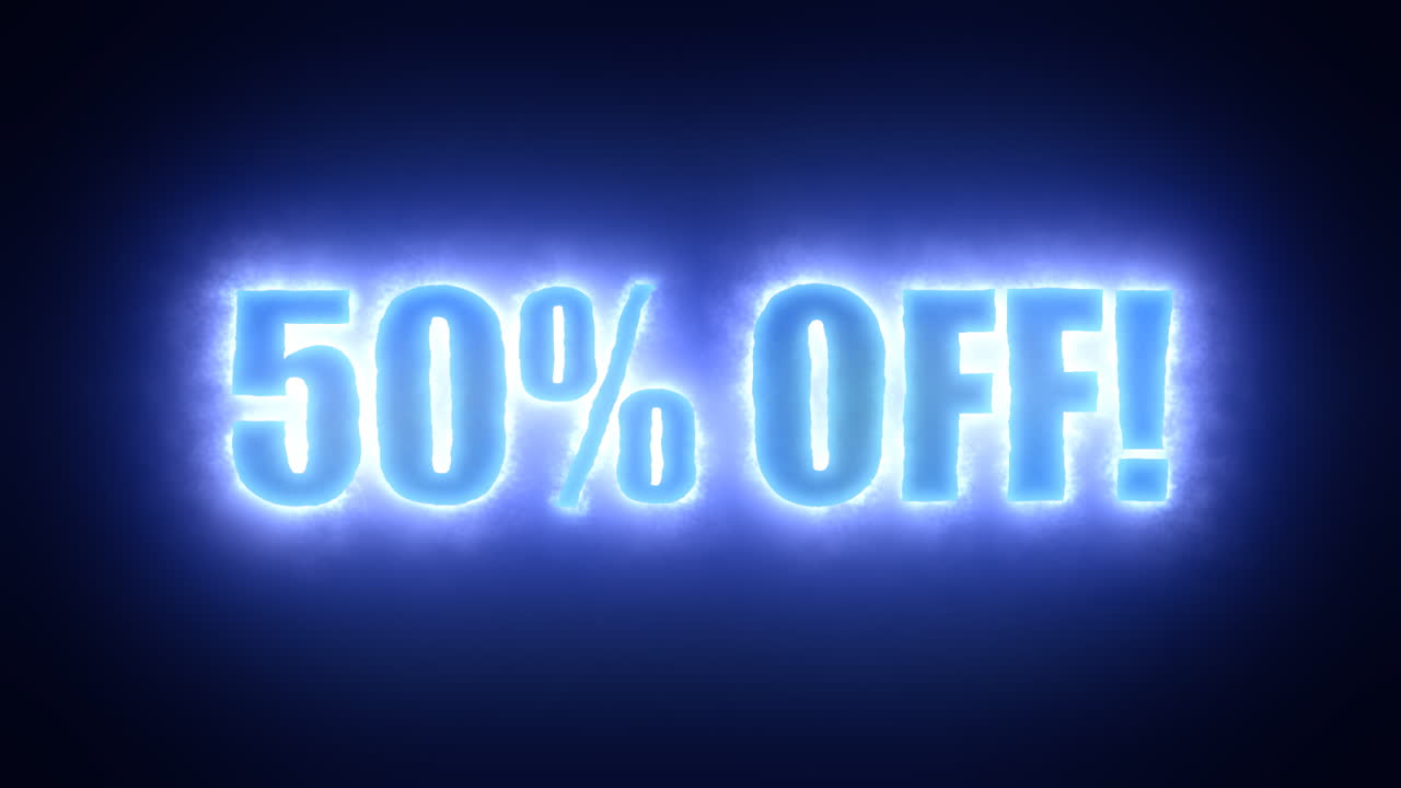 el texto cincuenta por ciento de descuento, rodeado por una nube energética de electricidad
