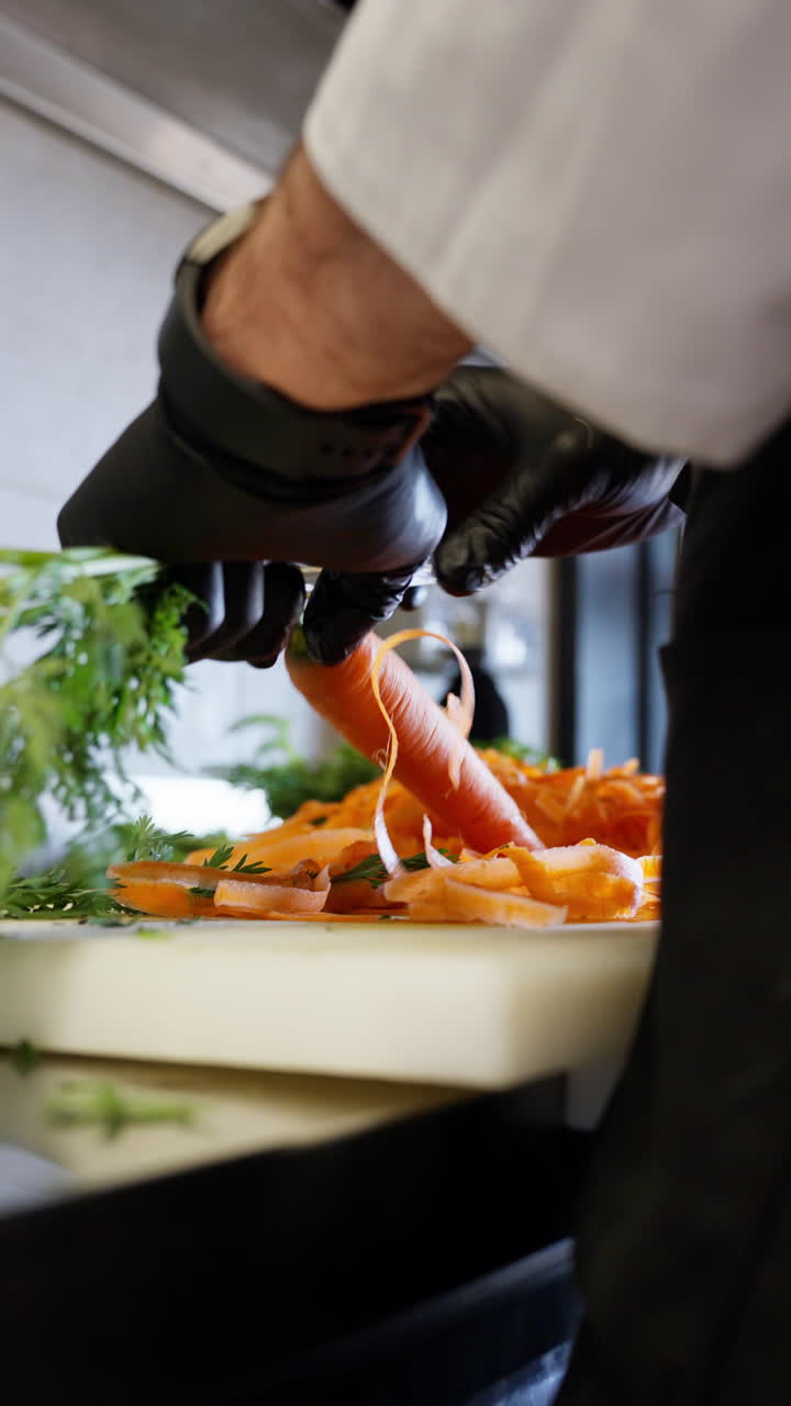 Mani dello chef che pelano carote fresche su un tagliere in una cucina professionale, primo piano sulla preparazione del cibo per una cucina sana, flusso di lavoro del ristorante, formato verticale.