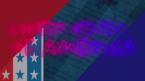 Animación-Del-Texto-De-Los-Estados-Unidos-De-América,-Sobre-Patrones-De-Barras-Y-Estrellas-De-La-Bandera-Estadounidense.