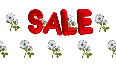 Animation-of-sale-text-red-balloons-over-flowers-on-white-background