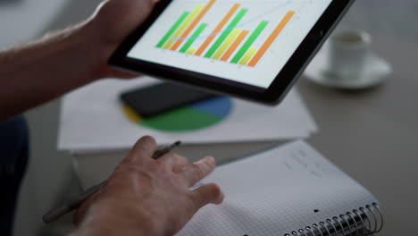 manager writing graph chart using digital tablet device in home office cafe.